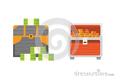 Cute set of diferent chests. Cartoon illustration chest. Safe money vector Vector Illustration