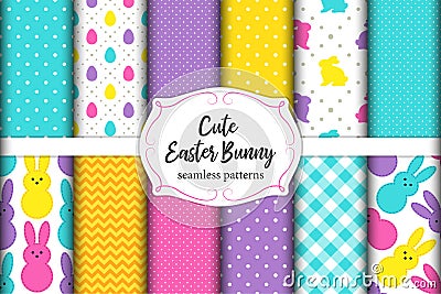 Cute set of Easter seamless patterns design with funny cartoon characters of bunnies Vector Illustration