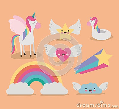 Cute set fantasy elements unicorn rainbow cloud star heart with wings in color background Vector Illustration