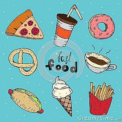 Cute set of fast food. vector cartoon illustration Vector Illustration
