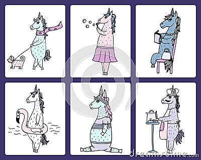 The cute set of 6 funny hand-drawn unicorns. Vector Illustration