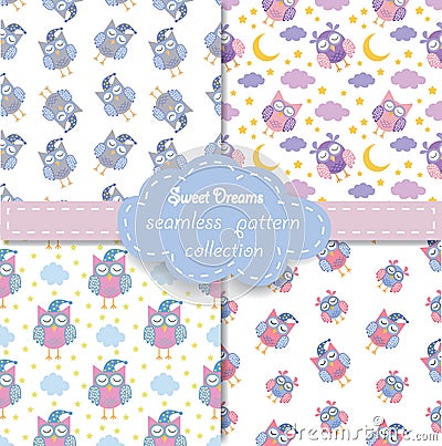 Cute set good night, sweet dreams seamless pattern with sleeping owls, moon, cloud and stars. childish background. eos10 Vector Illustration