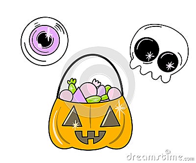 Vector Cute set of halloween icons in flat style. Candy pumpkin, skull, purple eye. Vector Illustration