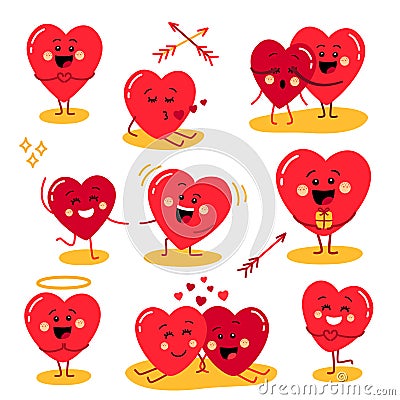 Cute set of holiday Valentines day funny cartoon character of emoji hearts Vector Illustration