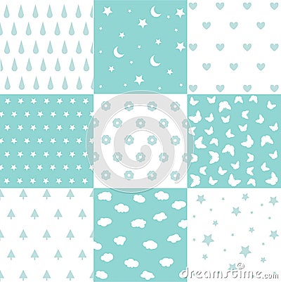 Cute set of kids seamless patterns with fabric textures Vector Illustration