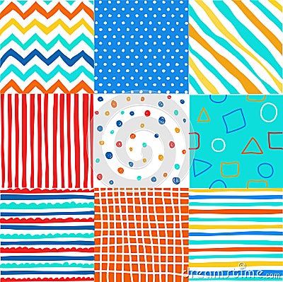 Cute set of kids seamless patterns with fabric textures Vector Illustration