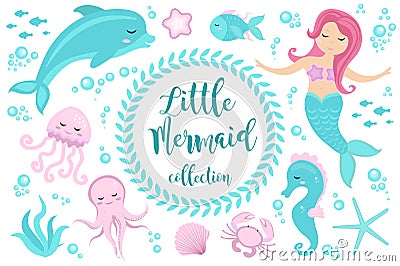 Cute set Little mermaid and underwater world. Fairytale princess mermaid and dolphin, octopus, seahorse, fish, jellyfish Vector Illustration