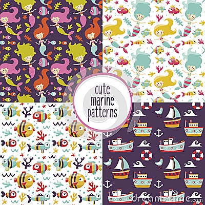 Cute set of marine patterns with mermaids, sea, ships, yachts, seaweed, Seagull, fish, waves, corals, anchor Vector Illustration