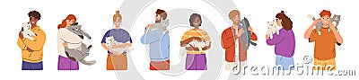 Cute set of people holding cats. Hapy men and women hold in arms domestic pet show love and care Vector Illustration