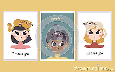 Cute vector set of postcards with women heads with cats on them. Beautiful girls with their pets and quotes about cats. Vector Illustration