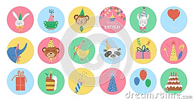 Cute set of round Birthday highlight icons or avatar designs with cute animals heads, cake, present. Vector anniversary holiday Vector Illustration