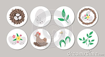 Cute set of round Easter highlight icons or card designs with nest, eggs, flowers, hen. Vector spring holiday pin or badge design Vector Illustration