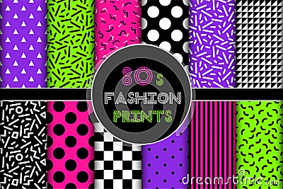 Cute set of 80`s style geometric trendy seamless patterns Vector Illustration