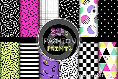 Cute set of 80`s style geometric trendy seamless patterns Vector Illustration