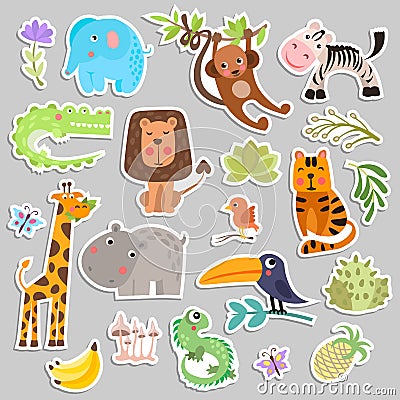 Cute set of stickers of safari animals and flowers. Savanna and safari funny cartoon sticker animals. Jungle animals Vector Illustration