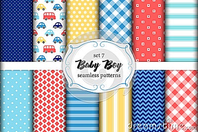 Cute set of scandinavian Baby Boy seamless patterns with fabric textures Vector Illustration