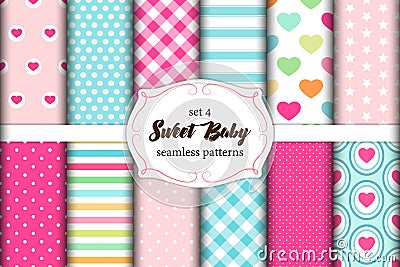 Cute set of scandinavian Sweet Baby seamless patterns with fabric textures Vector Illustration