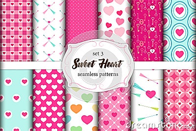 Cute set of scandinavian Sweet Heart Valentines Day seamless patterns with fabric textures Vector Illustration