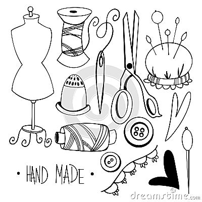 Cute set of tailor for sewing, mannequin, thread, needle, scissors, button. Digital doodle outline art. Print for scrapbooking, ca Stock Photo