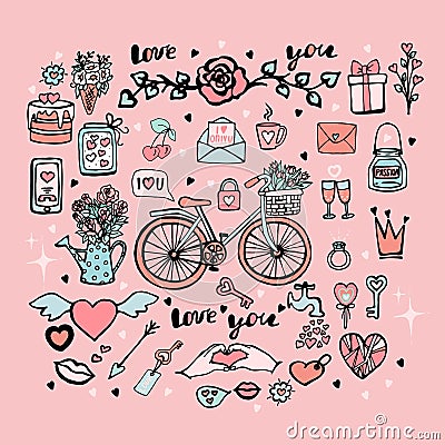 Cute set of vector objects for Valentine`s Day, Collection of stickers for Valentine`s Day, Bicycle with tulips in a basket, Cake Stock Photo