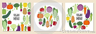 Cute set of Vegan Menu backgrounds with various vegetables Vector Illustration