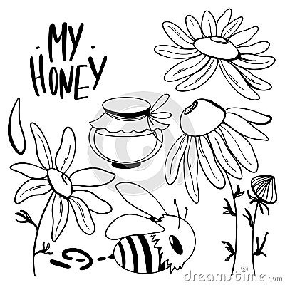Cute set yellow bee, daisy flowers, honey jar. Digital doodle outline art. Print for fabrics, wrapping paper, boxes, products, web Stock Photo