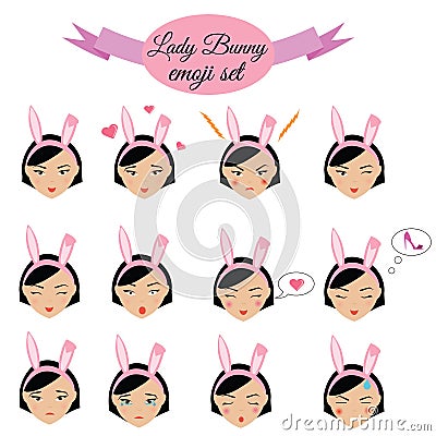 Cute girl with bunny ears emoji set. Lady emoticons, design elements Vector Illustration