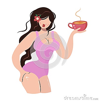 Cute sexy girl drinks coffee. Lush brunette in a pink bathing suit with a cup of tea. Plump woman advertises drinks Vector Illustration