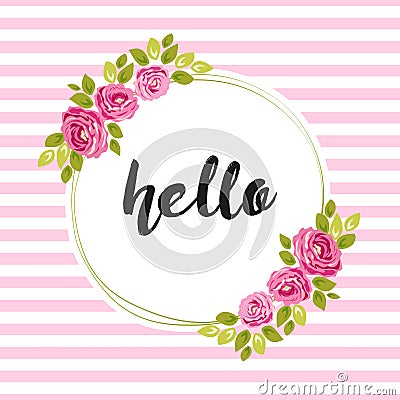 Cute shabby chic frame with roses on seamless stripes background Vector Illustration