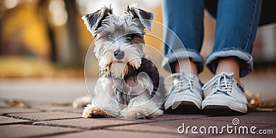 Cute shaggy schnauzer obediently sits next to persons legs, concept of Friendly companion Stock Photo
