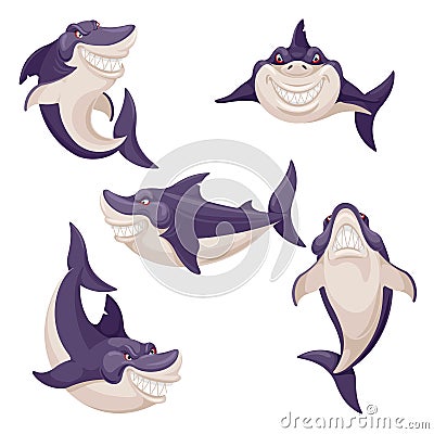 Cute shark. Dangerous fish, ocean creature predator. Swimming smiling sharks mascot. Isolated vector characters Vector Illustration