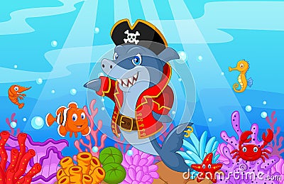 Cute shark pirate cartoon with collection fish Vector Illustration