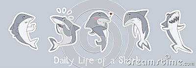 Cute sharks illustration with fun inscription 'daily life of a shark' Vector Illustration