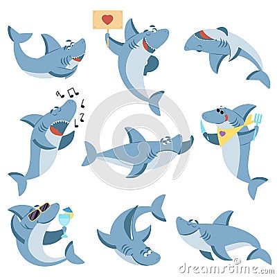 Cute sharks set. Ocean life, isolated shark scary. Underwater cartoon monster fish. Funny sea wild animal for baby kids Vector Illustration