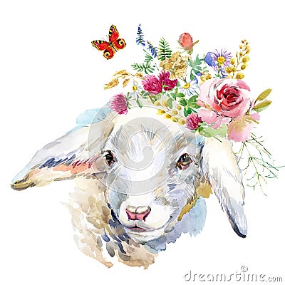 Cute sheep. farm animal illustration. Watercolor hand drawn calf Cartoon Illustration
