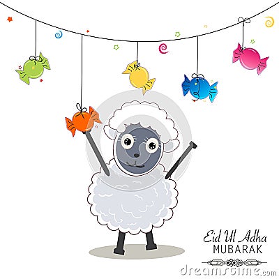 Cute sheep holding candy. Hanging Colorful candies. Islamic Festival of Sacrifice, Eid Al Adha celebration greeting Vector Illustration