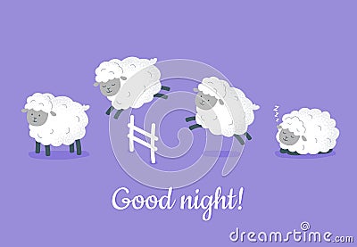 Cute sheep are jumping over the fence. Count sheep before bed concept. Vector flat illustration. Vector Illustration