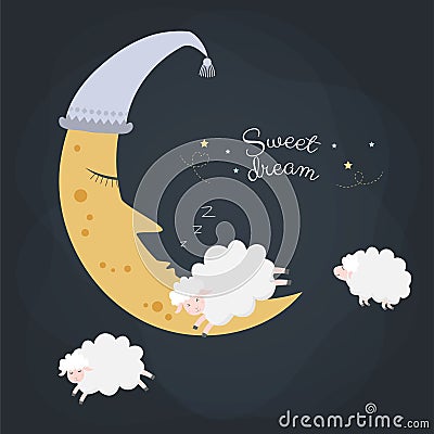 Cute sheeps jumping over moon. Vector Illustration