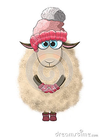 Cute Sheep with red hat and mittens Stock Photo