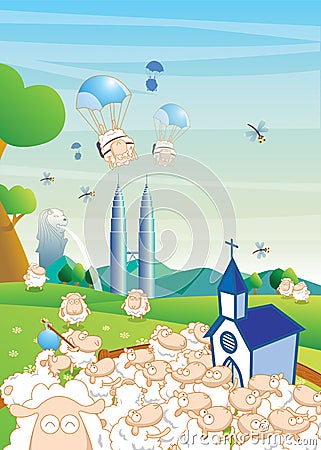 Cute sheep travel around Vector Illustration