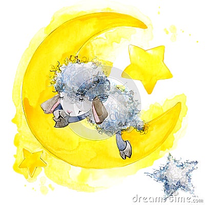 Cute sheep. watercolor illustration. Sheep T-shirt design. Sheep and Stars Background Cartoon Illustration