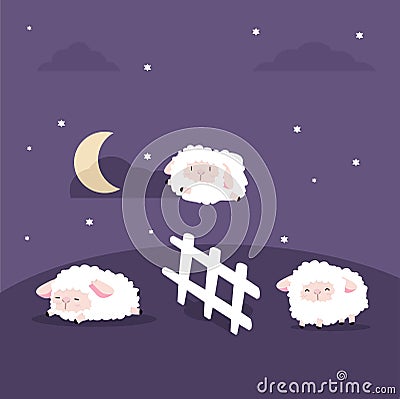 Cute sheeps jumping with the fence in the night Vector Illustration