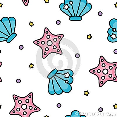 Cute shell and starfish sea pastel pattern on white background Vector Illustration