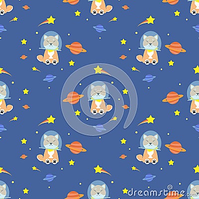 Cute shiba dog in the space with Saturn and star around fabric seamless cute pattern Vector Illustration