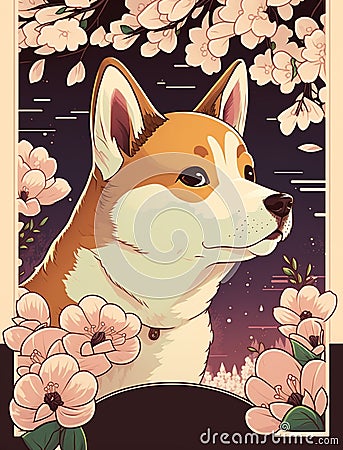 retro art of cute shiba inu dog using cool glasses with sakura flowers petals Stock Photo