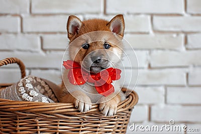 Cute Shiba Inu puppy with red bow in basket, rustic brick wall on background Stock Photo