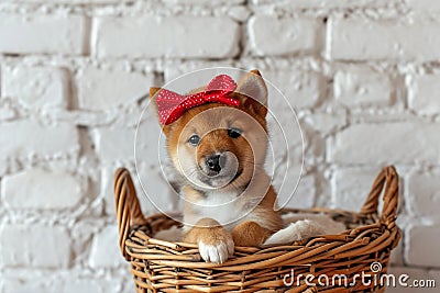 Cute Shiba Inu puppy with red bow in basket, rustic brick wall on background Stock Photo