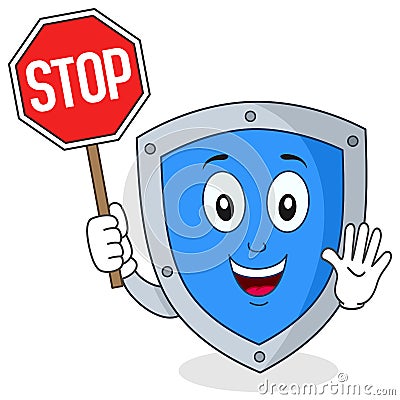 Cute Shield Character Holding Stop Sign Vector Illustration