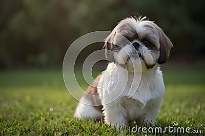 cute shih tzu puppy dog playing on green grass Stock Photo
