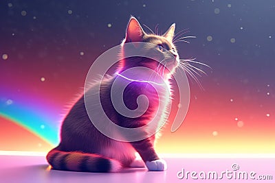 Cute shining neon coloured kitten wearing glowing collar on abstract space background. Generative AI Stock Photo